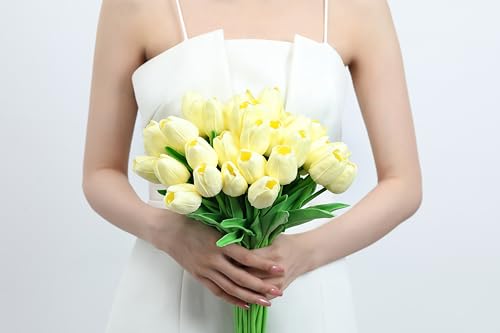 20pcs White Tulips Artificial Flowers Fake Silk Tulips Real Touch Flowers for Spring Kitchen Wedding Home Decor Arrangements Easter Decor 14 Inch - color: Off White