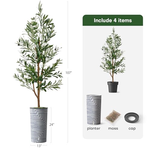 Artificial Tree in Modern Geometric Pattern Planter, Fake Olive Silk Tree for Indoor and Outdoor Home Decoration - 68" Overall Tall (Plant Pot Plus Tree) - style: Olive Tree