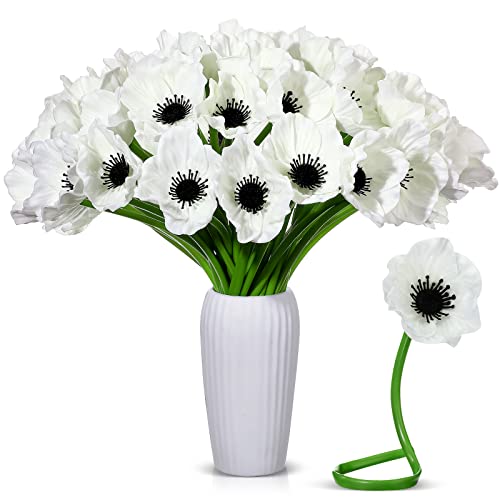 Censen 42 Pcs Artificial White Poppy Flowers 11 Inch PU Silk Poppy Anemone Stems Bulk Artificial Floral Table Centerpiece Decor for Vase Wedding Bouquets Bridal Holding Home Party - color: White