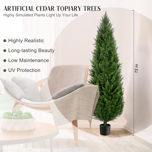 AOKIIE 6FT Artificial Cedar Topiary Trees Set of 2，72 Inch Tall UV Protection Fake Cypress Trees for Outdoors, Realistic Potted Pine Plants for Patio, Porch, Home, Doorway Decor