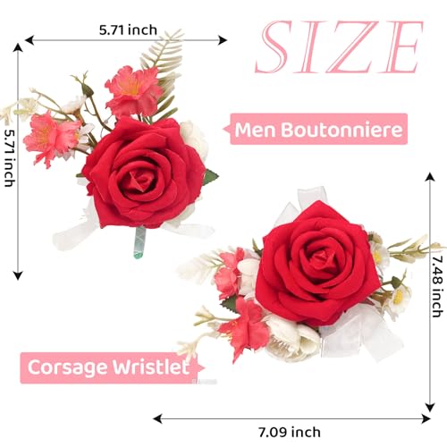 Wrist Corsage and Boutonniere Set, Artificial Rose Corsage Wristlet and Boutonniere for Wedding Prom Party (Red, 1 Boutonniere&1 Wrist Corsage) - color: Red, 1 Boutonniere&1 Wrist Corsage