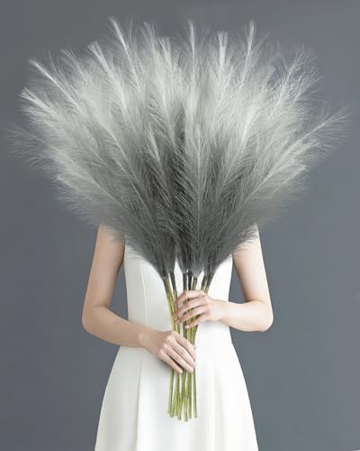 TORONTOKYO 8Pcs Grey Faux Pampas Grass Tall Decor, 35.4” Fluffy Artificial Pompous Grass Branches, Large Pampas Grass Reed Stems for Floor Vase Filler, Wedding, Baby Shower, Home and Boho Decor - color: Grey, size: 35.4inch-8Pcs