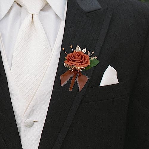 CherishedMoments Burnt Orange Handmade Artificial Rose Peony Wrist Corsage and Boutonniere Set for Men's Wedding, Bridesmaid Hand Flower for Wedding Prom Suit Decorations - color: Burnt Orange