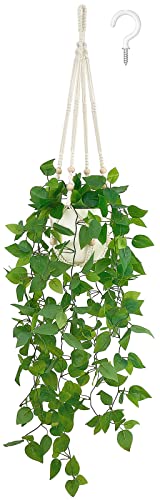 Mkono Fake Hanging Plant with Pot, Artificial Plants for Home Decor Indoor Macrame Plant Hanger with Fake Vines Greenery for Bedroom Bathroom Kitchen Office Decor, Ivory (Pothos) - color: Ivory