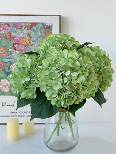 YalzoneMet 4Pcs Light Green Silk Hydrangea Artificial Flower Lifelike Big Blooms 20'' Long Stem Faux Hydrangea Flower Bouquets for Home Party Indoor Outdoor Wedding Table Centerpiece Decor - color: Light Green