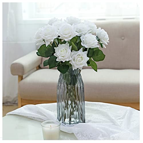 ZMZQ&flw White Roses Artificial Flowers 12PCS, Real Touch Silk Flowers, Realistic Single Fake Flower with Stems Leaves for Wedding Table Bouquet Home Decor - color: White 12pcs
