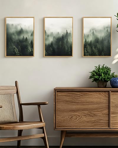 PHOPAGO Green Fog Pine Tree Framed Wall Art Nature Misty Nordic Forests Artwork Morden Paints for Living Room Hallway Decor - 12x16in Natural Framed - color: Green Pine Forest, size: 16L" x 12W" x 3 Pcs Natural