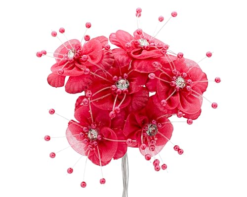 72PC Artificial Organza Flower Rhinestone Pick for Home Craft Decor DIY Wedding Bridal Veil Headband Dress Cake Topper Embellishment Scrapbook Favor Corsage Floral Bouquet Arrangement (Fuchsia) - color: Fuchsia
