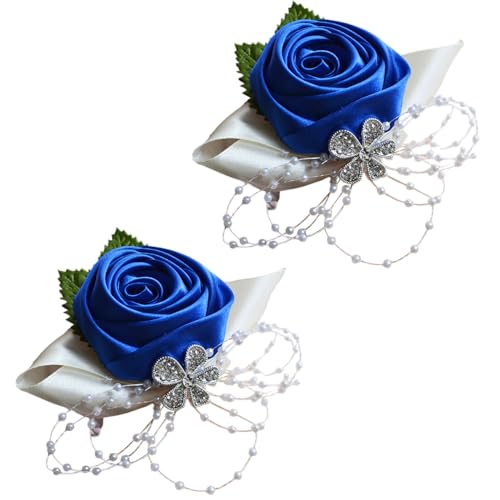 Arlai 2 pcs Rhinestone Leaves Pearl Decoration Hand Flower, Wedding Prom Party Satin Rose Wrist Corsage Flower - Dark Blue Artificial Flowers Party Wrist Accessory - color: Navy Blue (2pc Wrist Corsage)