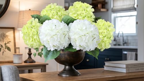 Hydrangea Artificial Flowers Silk Lifelike 2Pcs White/ 4Pcs Green 20" Long Rod for Centerpiece - color: White/Green