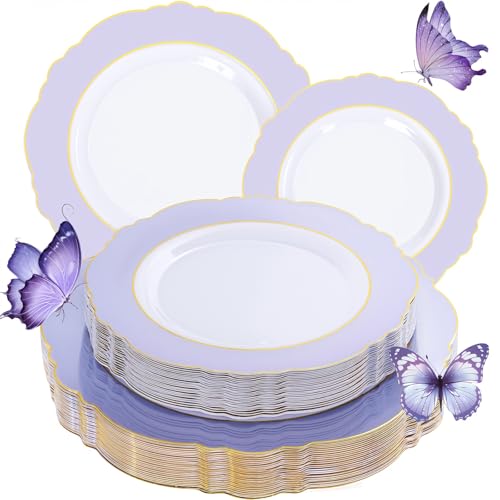 WDF 60pcs Purple Plates Disposable with Gold Rim - Baroque Light Purple Plastic Plates - Lavender Plates for Spring/Wedding/Birthday - color: Purple and White, size: 60PCS