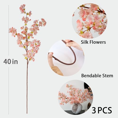 mizii 3Pcs Artificial Pink Cherry Blossom Branches 40" Fake Silk Cherry Blossoms Flowers with Long Stem for Wedding Decorations Table Centerpieces Vase Arrangement Home Decor (Pink) - color: Pink