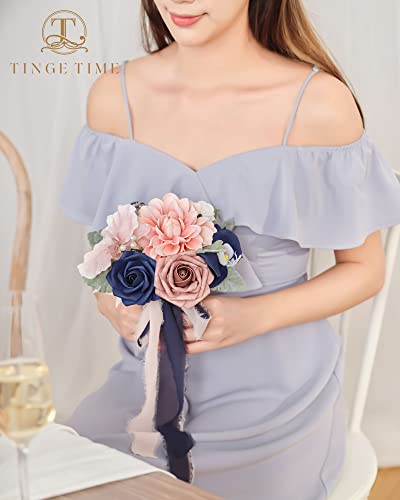 TINGE TIME 7inch Wedding Bouquets for Bridesmaid, Artificial Flowers Cascading Bridal Bouquet for Wedding (Dusty Rose & Navy Blue, Set of 4) - color: Dusty Rose & Navy Blue