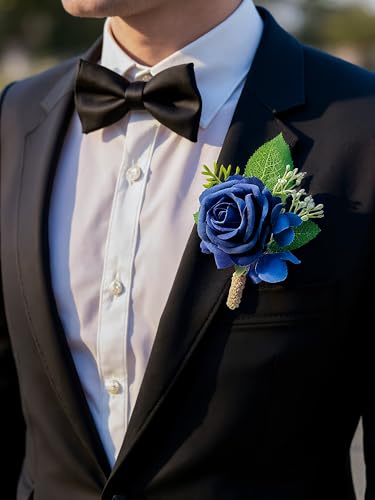 Athens Blue Rose Corsage and Boutonniere Set Wristlet Corsage for Bride Bridesmaids, Boutonniere for Groom Groomsmen Prom Wedding Flowers Accessories,Homecoming, Anniversary, Graduation (Athens Blue) - color: Athens Blue