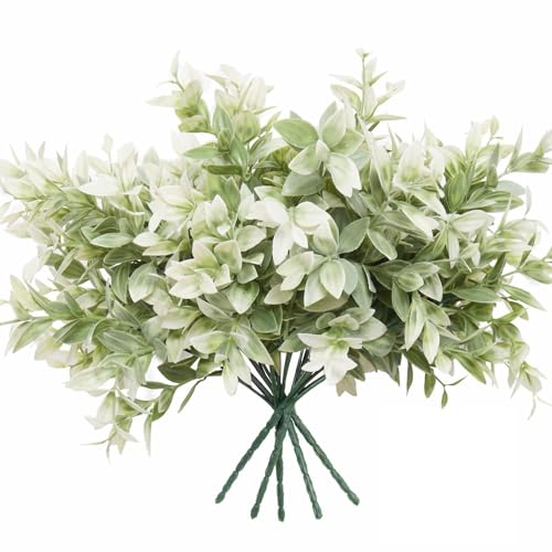6 Bundles Artificial Greenery Stems, 14.5" Fake Lucky Bamboo Leaves Faux Outdoor Plants UV Resistant Plastic Shrubs for Outside Home Garden Wedding Patio Porch Farmhouse Pathway Indoor Decorations - color: White
