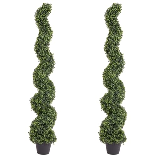 5ft Artificial Spiral Topiary Trees Outdoor Set of 2 – Faux Boxwood Bushes Shrubs, Fake Potted Plants for Front Porch Planter Indoor Outside Decor, UV Resistant 5 Foot - color: Light Green, size: 5ft