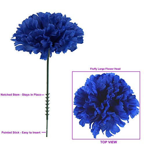 Larksilk 100 Pack Artificial Carnations - Bulk Silk Flowers for Weddings, Mother's Day, Graduations, Easter & Memorial - 3.5" Heads, 5" Stems, Real Touch Petals, 18 Colors Available - Royal Blue - color: Royal, size: 100