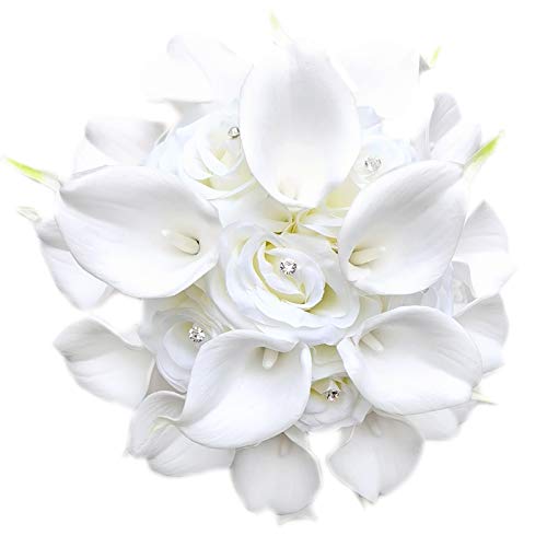 YIFUwedding Bridal Wedding Rose Calla Lily Bouquet Party Decoration Artificial Flowers Bridal Bouquet 9 inch Wedding Bouquet (White)
