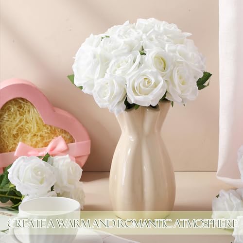 Hotop 20 Pcs Artificial Rose Flowers with Long Stem,Real Lifelike Silk Realistic Plastic Bouquet Roses Bulk for Home Decor Bridal Wedding Party Table Centerpieces Decorations(Pure White) - color: Pure White