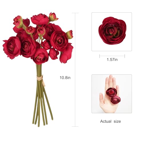 18 Pcs Ranunculus Artificial Flowers Burgundy Mini Faux Ranunculus Flowers Real Touch for Wedding DIY Bouquets Home Decor Arrangements - color: Vine Red