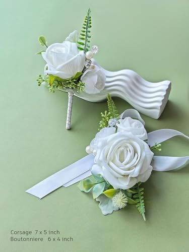 Corsage and Boutonniere Set with White Roses for Bride, Groom, Bridesmaids Groomsmen Weddings, Proms, Homecomings. Perfect Party Suit Decor Wedding Flowers Accessories (White) - color: White