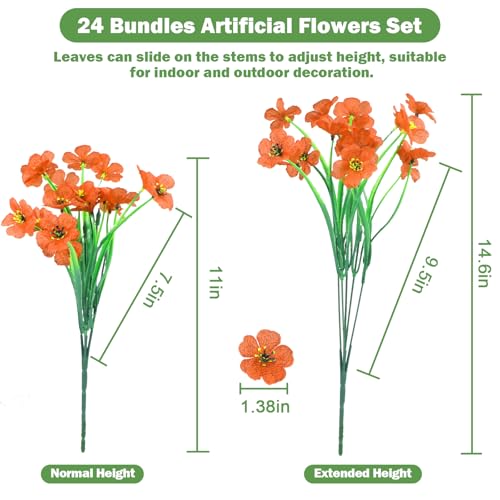 Nepfaivy Artificial Flowers for Outdoors Orange - 24 Bundles UV-Resistant Fake Flowers No Fade for Outside, Realistic Plastic Plants and Faux Silk Flowers for Planters, Front Porch, Garden Decoration - color: Orange