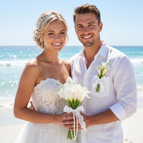 Suncalla 20 Pcs Calla Lily Artificial Flowers White DIY Wedding Bouquet for Bride Wedding Table Centerpieces Decorations with Ribbon and Pearls for Floral Arrangement DIY Craft Bridal Flower Gift - color: White, style: Calla Lily
