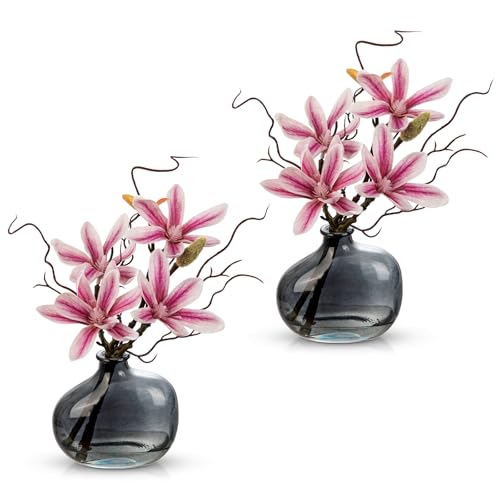 Briful 2PACK Artificial Magnolia Flowers with Grey Glass Vase, Small Faux Magnolia Arrangement Realistic Silk Flowers for Elegant Home Table Shelf Bathroom Decor, Pink - color: Dark Pink