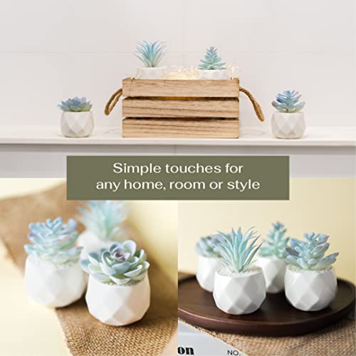 VIVERIE Mini Blue Artificial Succulent in Pots (White Ceramic, 4 Pot Set) Fake Plants for Indoors, Office Decor Gift for Women, Office Home Decor Gifts, Faux Plant for Shelf/Desk/Bathroom Decor - color: Blue
