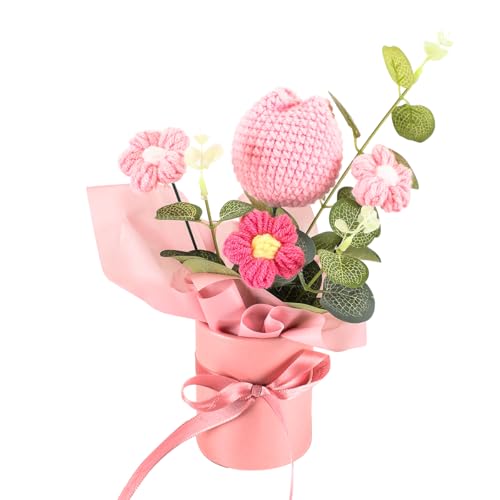 Crochet Flower Bouquet for Gift: Handmade Knitted Tulip Bouquet for Birthday Wedding Festival Valentine's Day Graduation Home Decor (Pink) - color: Pink