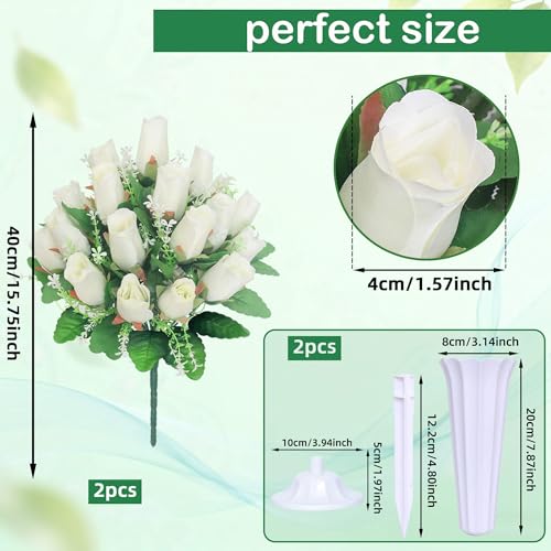 Artificial Cemetery Flowers for Grave,2Pack Memorial Roses Bouquets with Vase for Grave Tombstone Decorations(White) - color: White
