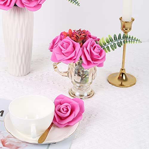 IPOPU Artificial Rose Flower Heads, 100pcs Real Looking Hot Pink Foam Fake Roses for DIY Wedding Baby Shower Centerpieces Arrangements Party Tables Home Decorations (Hot Pink, Stemless) - color: 100pcs Hot Pink