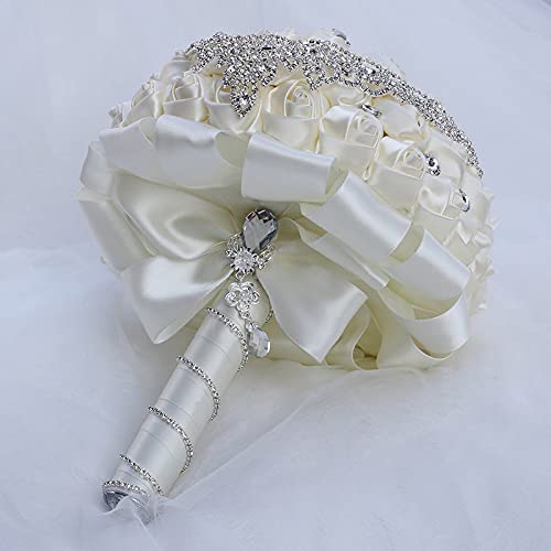 XINNI Handmade Bridal Wedding Bouquet Bride Bridesmaid Satin Rose Flower Bouquet with Drop-Shaped Rhinestone Wedding Decoration Ivory - color: Ivory