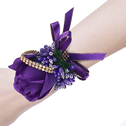 Wrist Corsage Boutonniere Set 6 Pack, Artificial Rose Bridesmaid Corsage and Groom Men Boutonniere for Wedding Party Prom (Boutonnieres Wristlet - Purple, 6 Pcs) - color: Boutonniere Corsage- Purple, size: 6 Packs