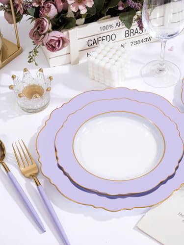 WDF 60pcs Clear Purple Plates Disposable with Gold Rim - Baroque Lavender Purple Plastic Plates for Party/Wedding/Spring/Picnic - color: Purple and Gold, size: 60PCS