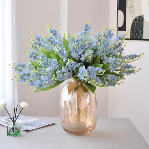 6 Branch Lily of The Valley Artificial Flowers, Lily of The Valley Plastic Flower ，Wind Chime Orchid Outdoor Bridal Wedding Bouquet for Home Garden Party Wedding Decoration (Blue) - color: Blue