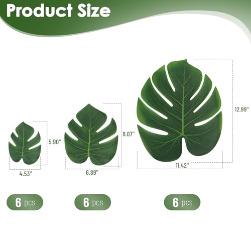 ARTKAIKE Artificial Palm Monstera Green Leaves for Birthday Party Table Decor, Realistic Tropical Fake Plants for Dinosaur/Jungle, Luau & Safari Theme Events (18, Monstera)