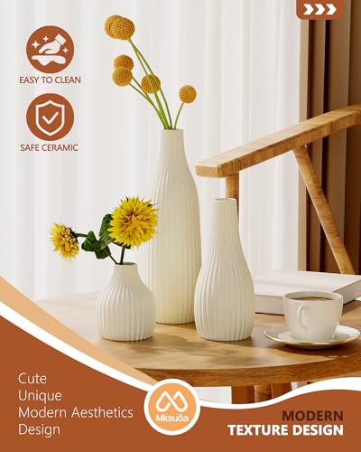 Decorative Flower Vase Set of 3 - Modern Boho Style Beige Vases, Ribbed Textures Ceramic Vase for Home Decor Shelf Bookshelf Mantle TV Stand Entryway Console, Dining Table Centerpiece Decor - color: Beige White