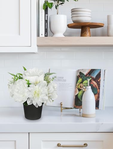 GnFlus White Artificial Flowers Small Fake Flowers in Vase Peonies Dahlia Tiger Lily Potted Silk Flower Arrangements Faux Plants & Flowers Home Bathroom Kitchen Table Centerpieces Desk Decor - color: White