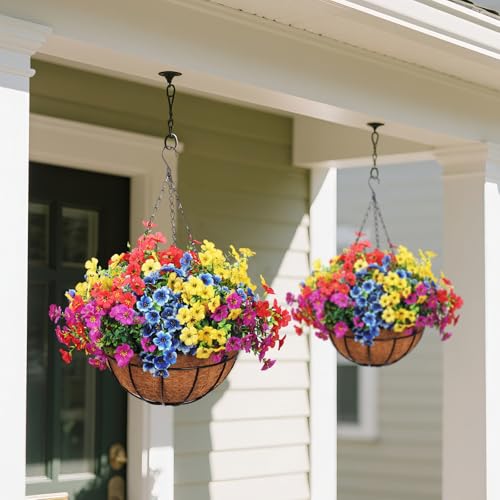 2 Pack Outdoor Artificial Flowers with Hanging Basket, Fake Hanging Flowers for Spring Summer Front Porch Patio Yard Garden Home Decor (Blue, Red, Purple, Yellow)