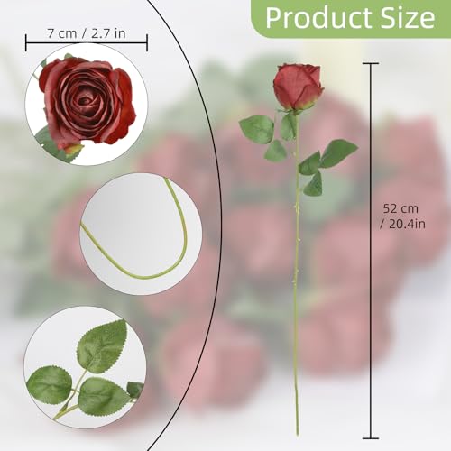 12Pcs Red Roses Artificial Flowers 20" Vintage Silk Fake Roses with Stem for Vases Realistic Faux Roses Bouquet for Wedding Table Centerpieces Home Decorations DIY Party Arrangements (Red) - color: Red