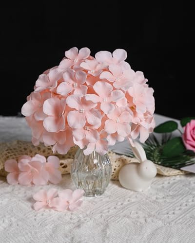 DuHouse Silk Hydrangea Artificial Flower Heads with Stems Fake Hydrangeas Flowers for DIY Wedding Centerpiece Home Decor,Pack of 6 (Blush) - color: Blush