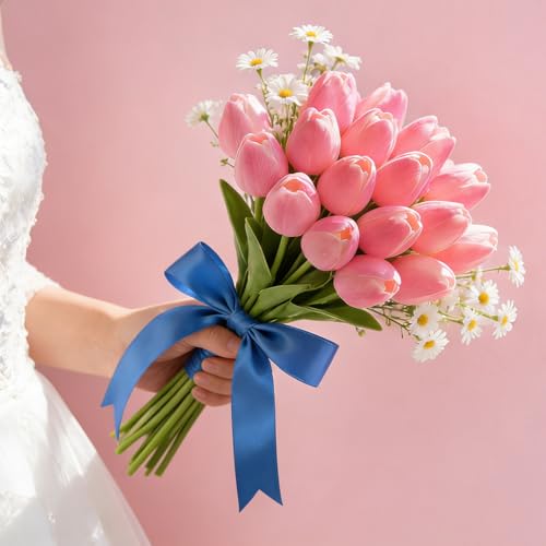 Artificial Tulips Bridal Wedding Festival Decor Bouquet Real Touch PU Flower Bouquet Pack of 20 (Pink) - color: Pink