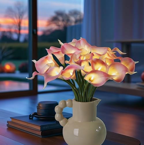 20pcs Lighted Artificial Calla Lily Bouquet Light Faux Floarl Night Light Real Touch Flower Lamp LED Calla Lily lighted Artificial Flower for Holiday Gifts Home Kitchen Decor(Light Pink, No Vase) - color: Light Pink