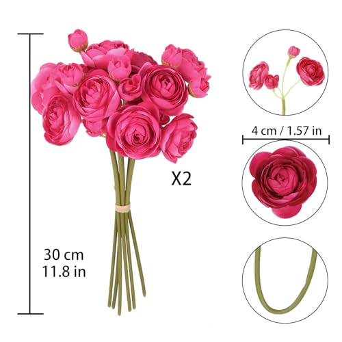 IPOPU Hot Pink Flowers Artificial Ranunculus 2Bouquets Silk Flowers with Stems 12PCS Mini Fake Flowers for DIY Wedding Bouquet Bridal Shower Decorations Floral Filler Flowers Centerpieces (Hot Pink) - color: Hot Pink