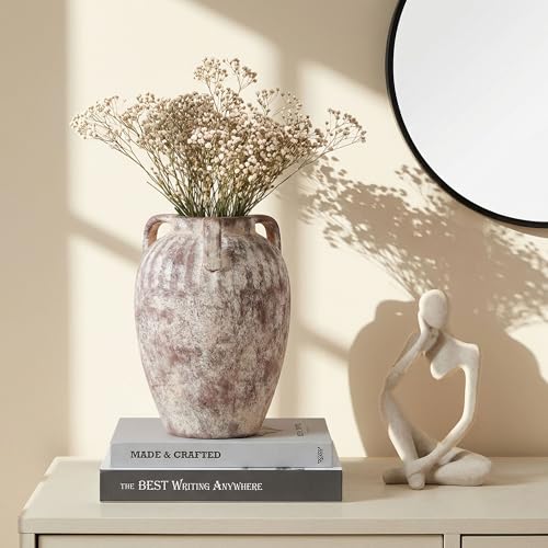 Ceramic Flower Vase with Handles, 8.86 inch Tall Ceramic Vase Home Decor Vintage Terracotta Rustic Unique Vase for Bouquet Pottery Barn Decor Large Vases Living Room Bathroom Modern Farmhouse - color: 8.86 in - Terracotta