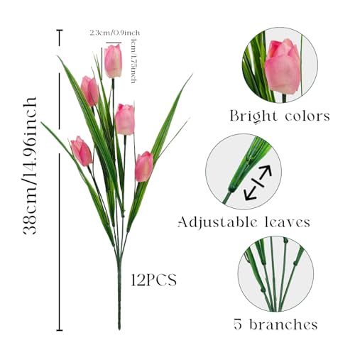 12 Bundles 60 Heads Artificial Tulips Fake Flowers Outdoor UV Resistant Silk Tulip Faux Plastic Greenery Shrubs Plants for Outside Planter Porch Garden Patio Decor (Pink) - color: Pink