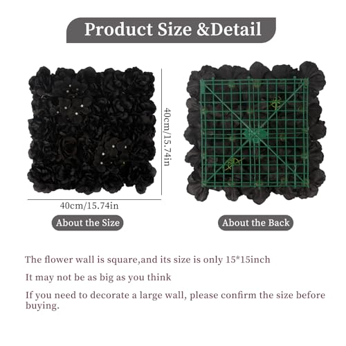 3D Flower Wall Backdrop - 12Pcs 15×15 Inch Artificial Rose Panels Black Silk Floral Decor for Home Party Wedding Anniversary Birthday Photographic Studio Background & Decorative Fences - color: Black, size: 12PCS-15x15