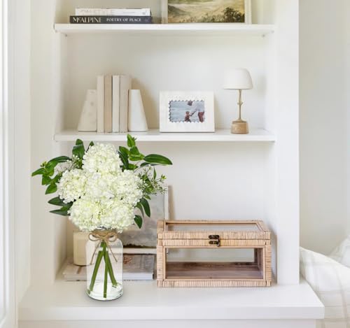 Hollyone White Hydrangea Artificial Flowers in Clear Glass Vase with Faux Water Silk Hydrangeas Fake Flowers Floral Arrangement for Home Bathroom Kitchen Office Table Centerpiece Shelf Decorations - color: White