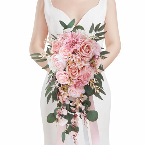 Serwalin 11 Inch Wedding Bouquets for Bride Bridesmaid, Dusty Pink Rose Bridal Bouquets for Bride, Wedding Flowers Bouquet Tossing Bouquet, Wedding Ceremony and Anniversary Decoration - color: A Dusty Pink